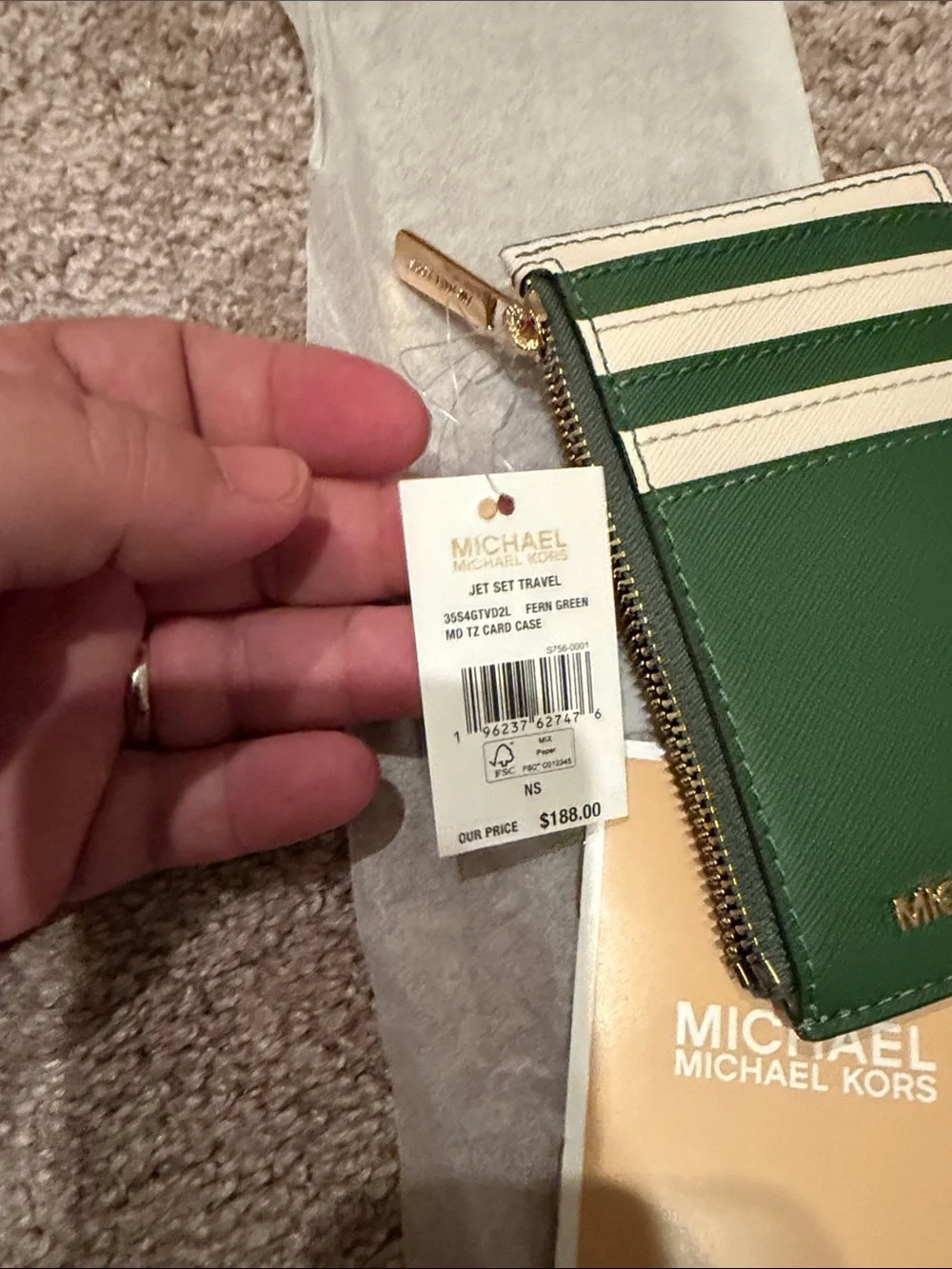 Michael Kors Green and Cream Saffiano Card Case with Zip